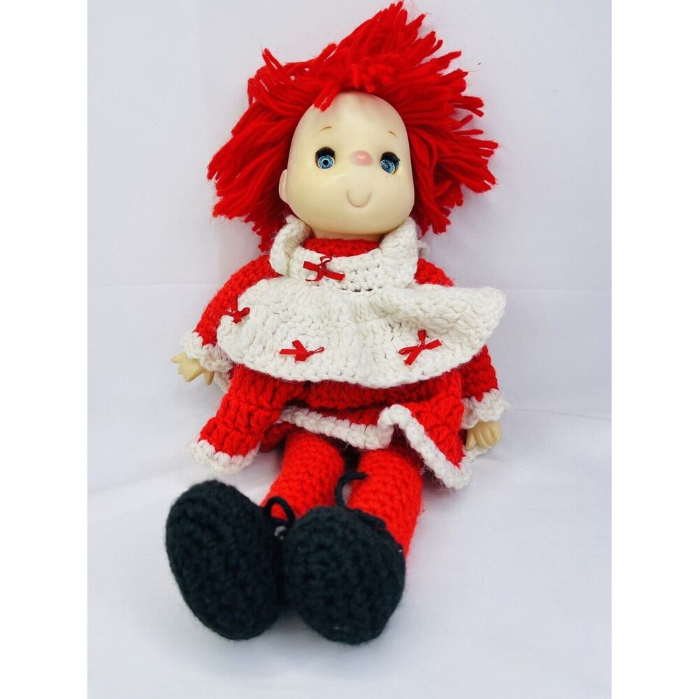 Crochet Doll Ice Cream Face Red & White Dress Red Yarn Hair Plush Black Shoes